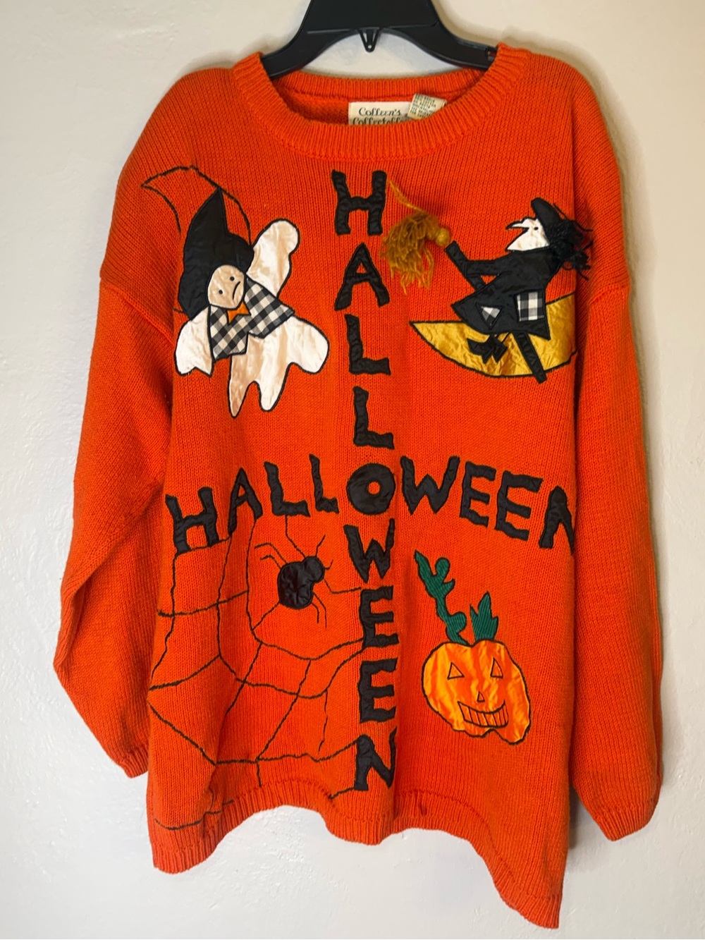 Vintage Halloween Appliqué Sweater Ghost, Witch & Pumpkin 1980s 90s Size Medium